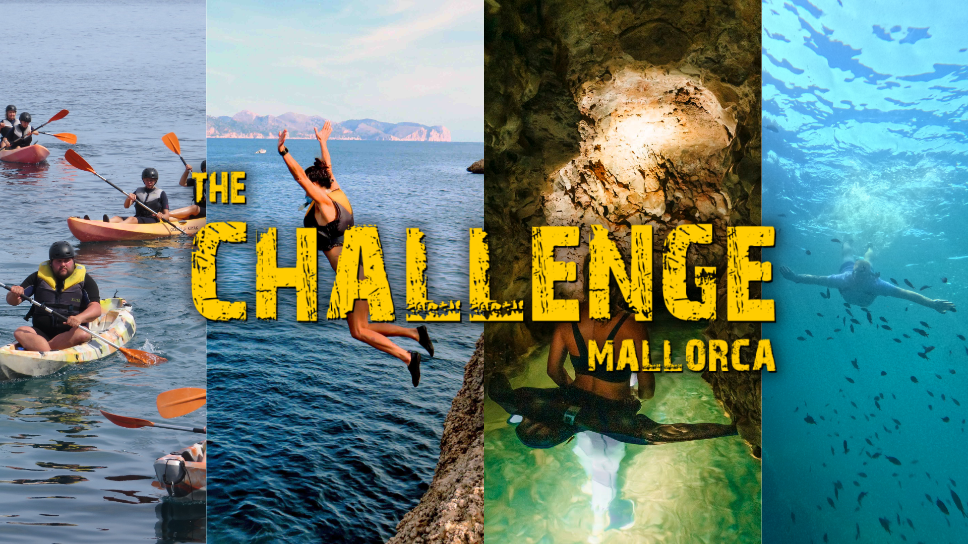 Collage of kayaking, cliff diving, cave exploring, and swimming activities labeled 'The Challenge Mallorca'.