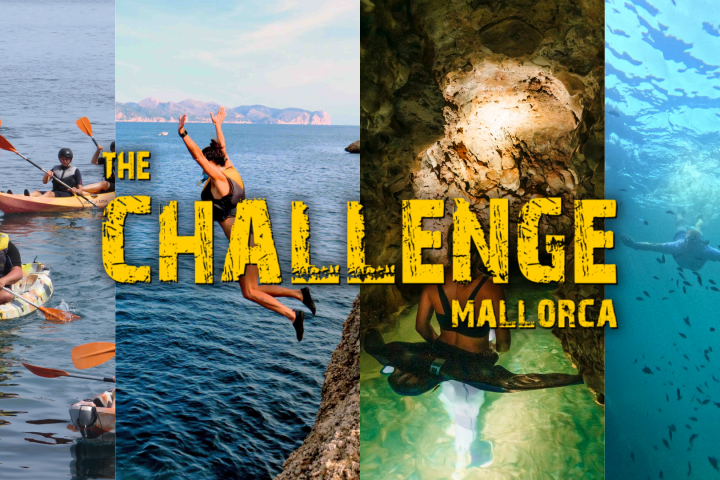 Collage of kayaking, cliff diving, cave exploring, and swimming activities labeled 'The Challenge Mallorca'.